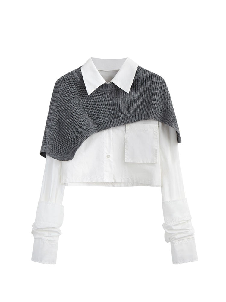 Sixsr Spring Autumn Fashion Women Two Pieces Sets Long Sleeve Short Blouse Shirt + Solid Knitted Pullover Crop Shawl Sweater Female Tops