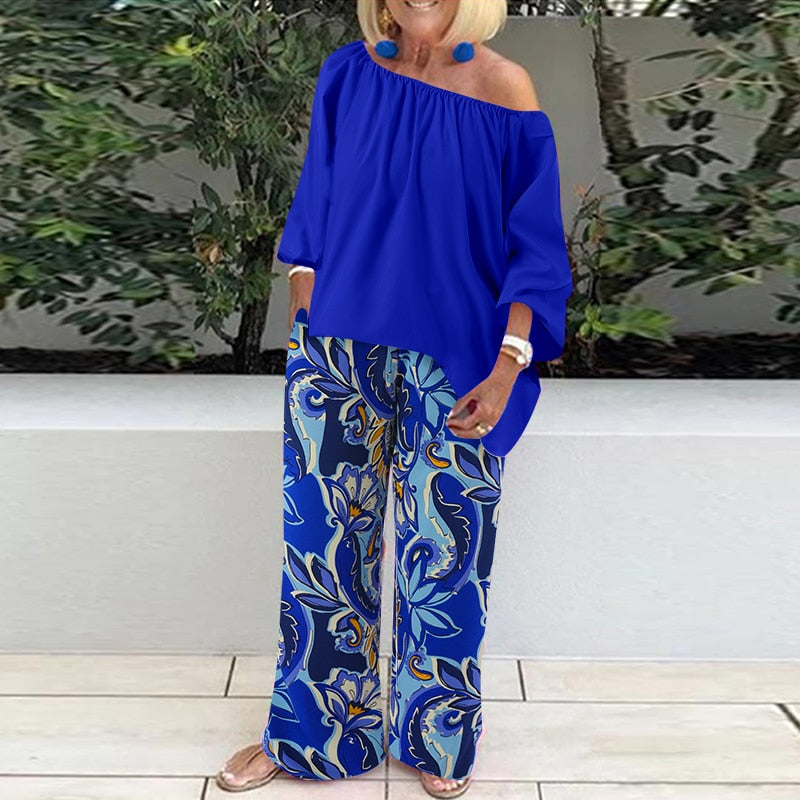 Pants Sets Fashion One Shoulder 3/4 Sleeve Tops Floral Print Wide Leg Trouser Women Two Piece Sets Casual Loose Suit
