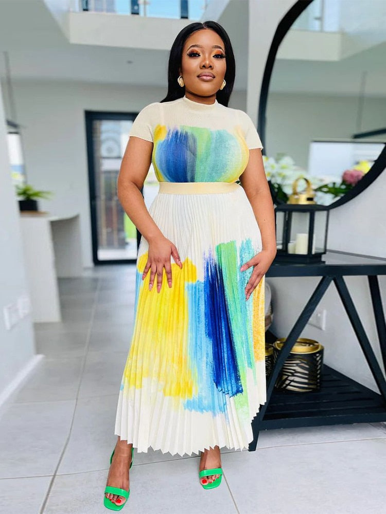 Long Pleated Dress Sets Women 2 Piece Outfits Summer Short Sleeve Gardient Print Swing Skirt Set Elegant Casual New In