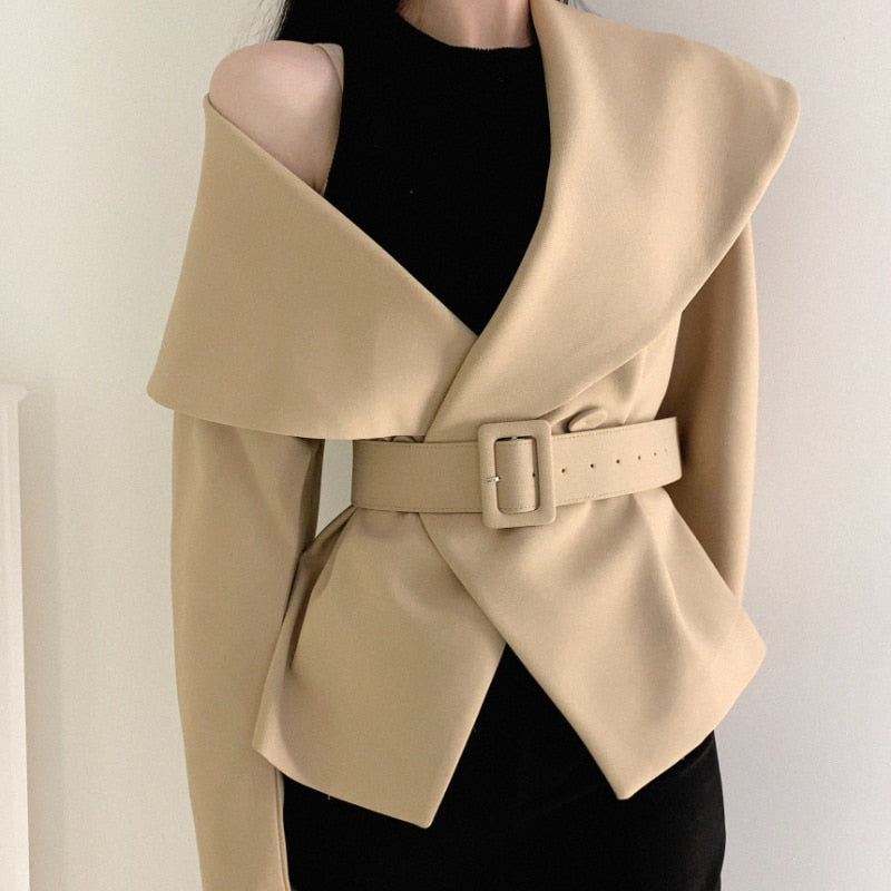 Sixsr Women Spring Autumn Short Blazer Coat with Belt Big Lapel Collar Female Full Sleeve Cardigan Outerwear