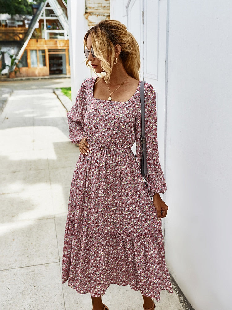 sixsr Women Long Dress Autumn Winter Long Sleeve Elegant Ladies Flower Square Collar Dresses Party Black Clothes For Woman