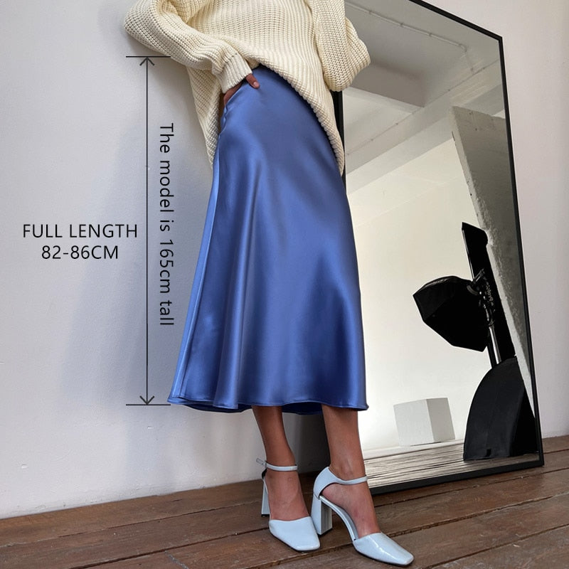 Women High Waisted Skirt Silk Satin Skirts A-Line Elegant Skirts Summer Pink Midi Skirt New Korean Style pencil skirt