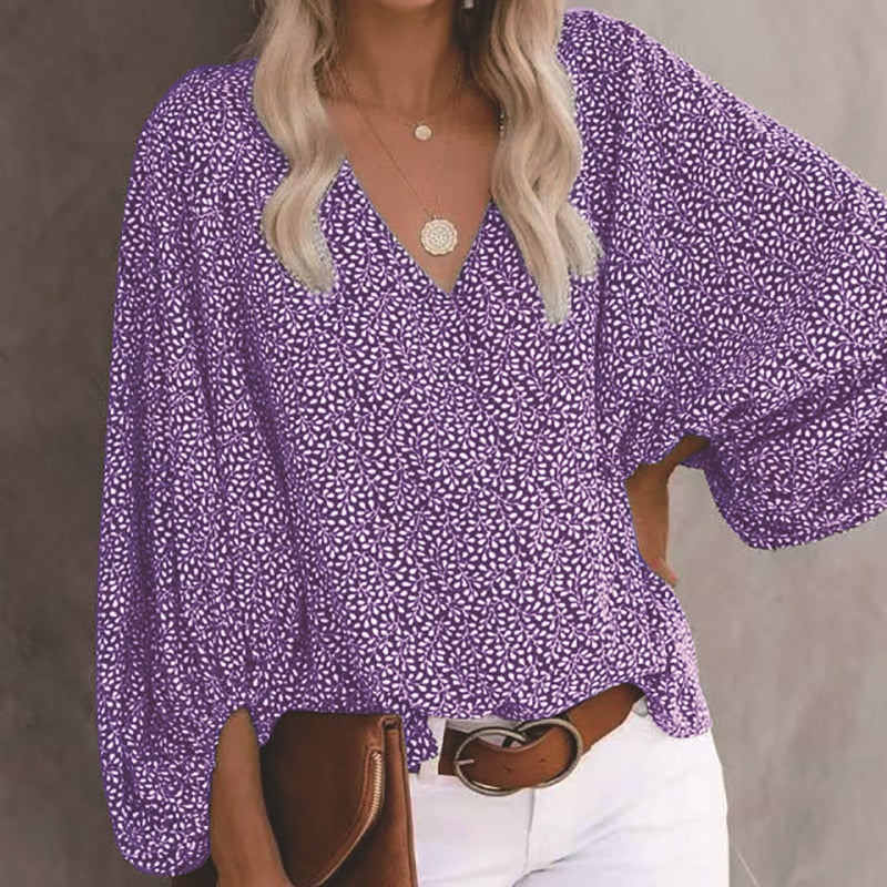 sixsr Summer Outfits Female Streetwear Oversized XXXL Tops Blusa Summer V Neck Long Lantern Sleeve Blouse Casual Women Printing Loose Elegant Shirts