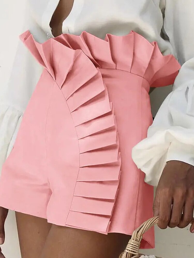 Women's Bottom Ruffle Hem Shorts Pleated High Waist Solid New Fashion Pant Elegant Summer Casual Female Clothing Outfits