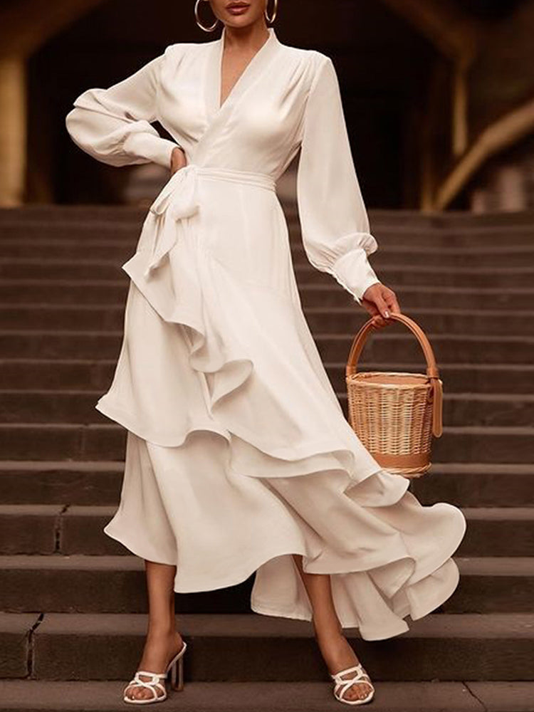 sixsr Outfits Elegant White Dresses Women Cascading Ruffle Long Sleeve V Neck Maxi Dress Fashion Spirng Autumn High Waist Dress Chic Evening