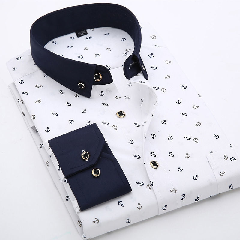Sixsr New Men Fashion Casual Long Sleeved Printed Shirt Brand Men Clothing Slim Fit Male Social Business Dress Shirt  Soft Comfortable
