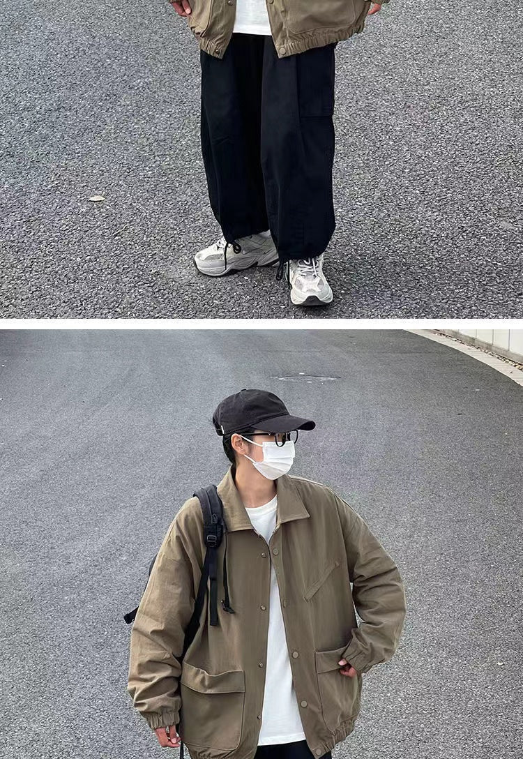 2024 Men's Japanese Vintage Lapel Collar Cargo Jackets Work Clothes Harajuku Loose Casual Coats Solid Color Outerwear M-2XL