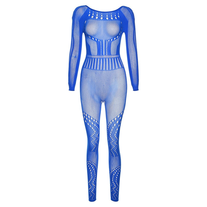 sixsr Hollow Out Knitted Mesh Jumpsuits Women Sexy See Through Long Sleeve Hipster Stretchy Skinny Overalls Clubwear Romper