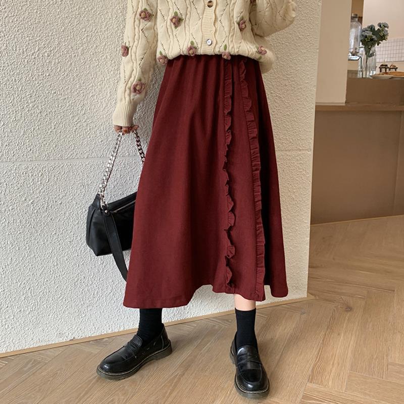 Spring/Autumn Women Skirts High Waist Student Korean Style Dark Vintage Ruffle Long A-line Skirts Women Fashion