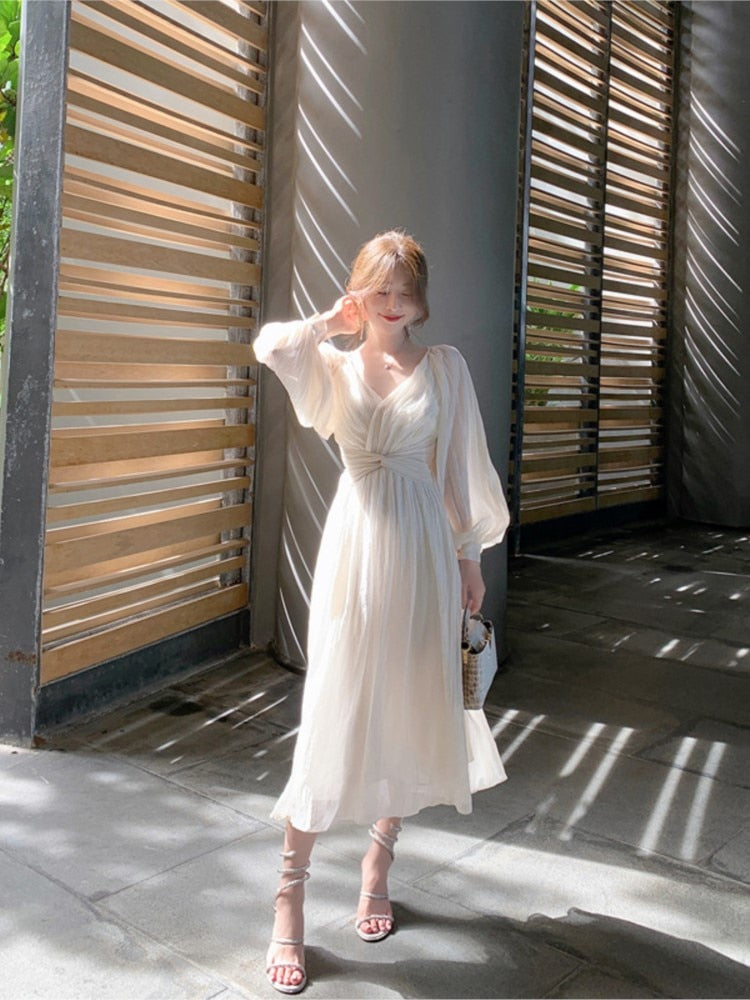Summer French Elegant Party Dress Women Long Sleeve Casual Fairy Midi Dress Evening Vintage One Piece Dress Korean Fashion