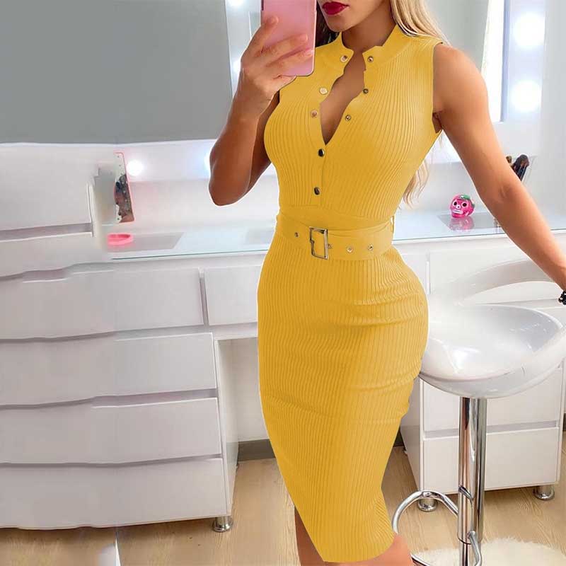 Fashion Women's Clothing Summer Elegant Round Neck Button Sleeveless Belt Casual Midi Dress Mid Waist Slim A-line Skirt