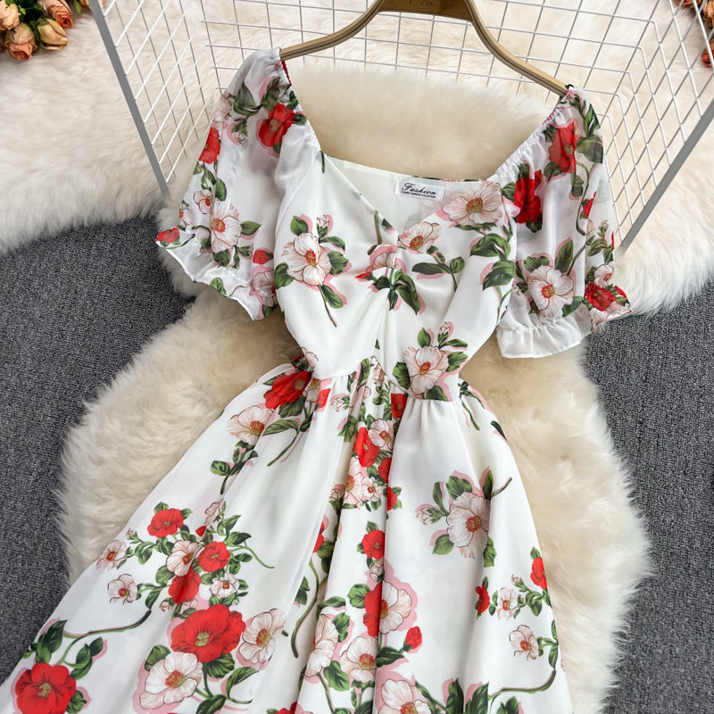 Sixsr Summer Outfits Ladies French Retro V-neck Floral Women Dress Elegant Draped Flowers Short Puff Sleeves Slim Fairy Mid-calf A-line Dress