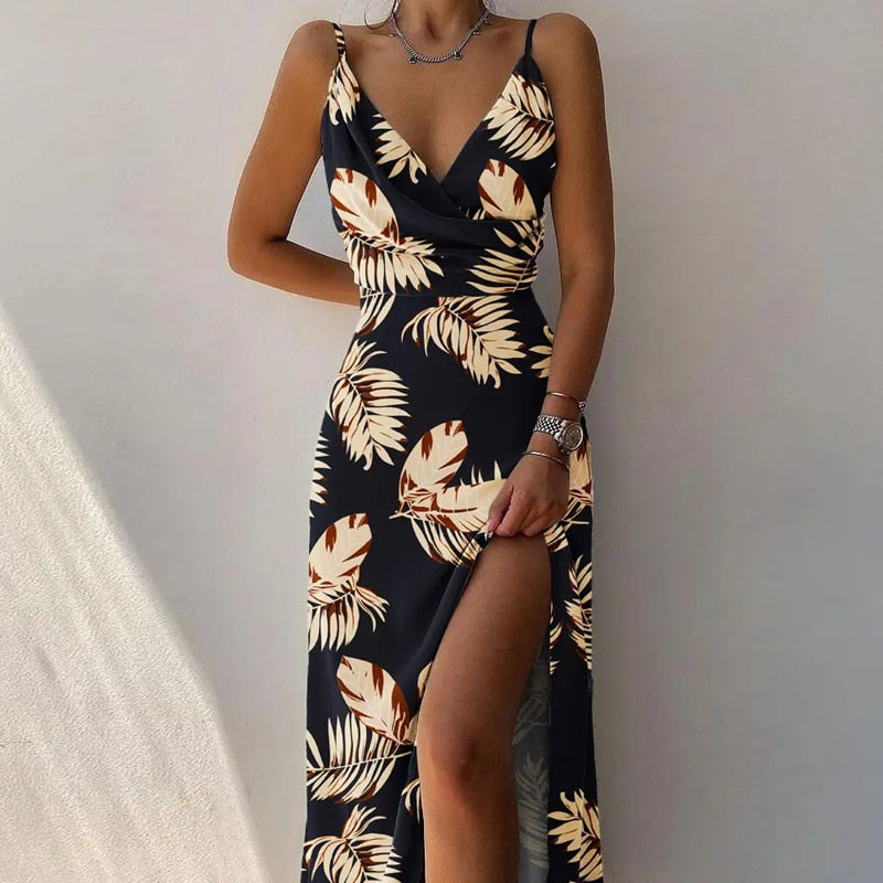 Sexy High Split Up Long Dress For Women Summer Print Party Dress Sleeveless Slip V Neck Elegant Dresses Ladies Evening Robe