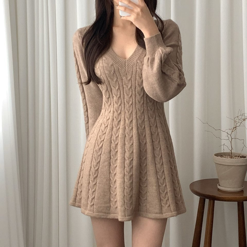 Long Sleeve Elegant Pink Mini Knit Dress Women Autumn Winter Solid Color A-line Puff Sleeve Sweet Short Sweater Dresses