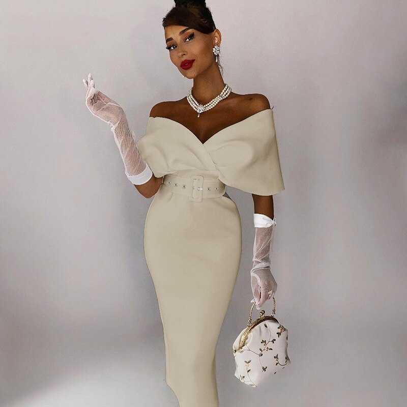 sixsr Women Sexy Elegant Off The Shoulder Dresses Autumn Summer Vintage Streetwear Club Party Female V-Neck Dress With A Belt