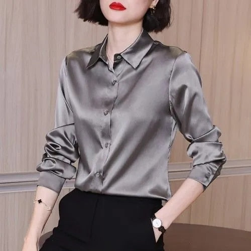 Sixsr Brand Quality Luxury Women Shirt Elegant Office Button Up Long Sleeve Shirts Momi Silk Crepe Satin Blouses for Women Fashion Business Ladies Top