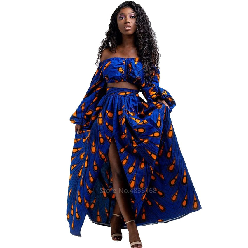 sixsr African Dresses for Women Autumn 2-piece Set Lady Full Sleeve Shoulder Off Festher Dashiki Print Split Skirts Africna Clothes