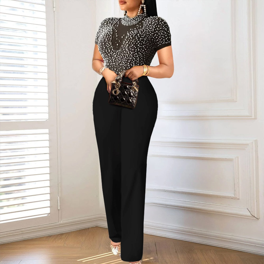 Jumpsuit for Women Sexy See Through Net Beaded High Collar Short Sleeve Wide Leg One Piece Rompers Cocktail Party Club Wear