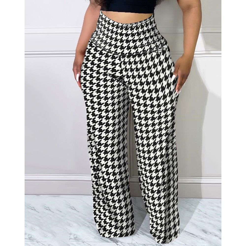 sixsr Women Houndstooth Print High Waist Pants Autumn Casual Long Pants Loungewear Women Clothes One Piece Suit Female