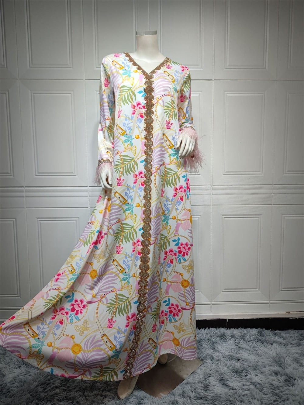 Muslim Woman Dress Moroccan Jalabiya Dubai Rhinestones Beaded V Neck Long Sleeve Feather Patchwork Print Gulf Abayas