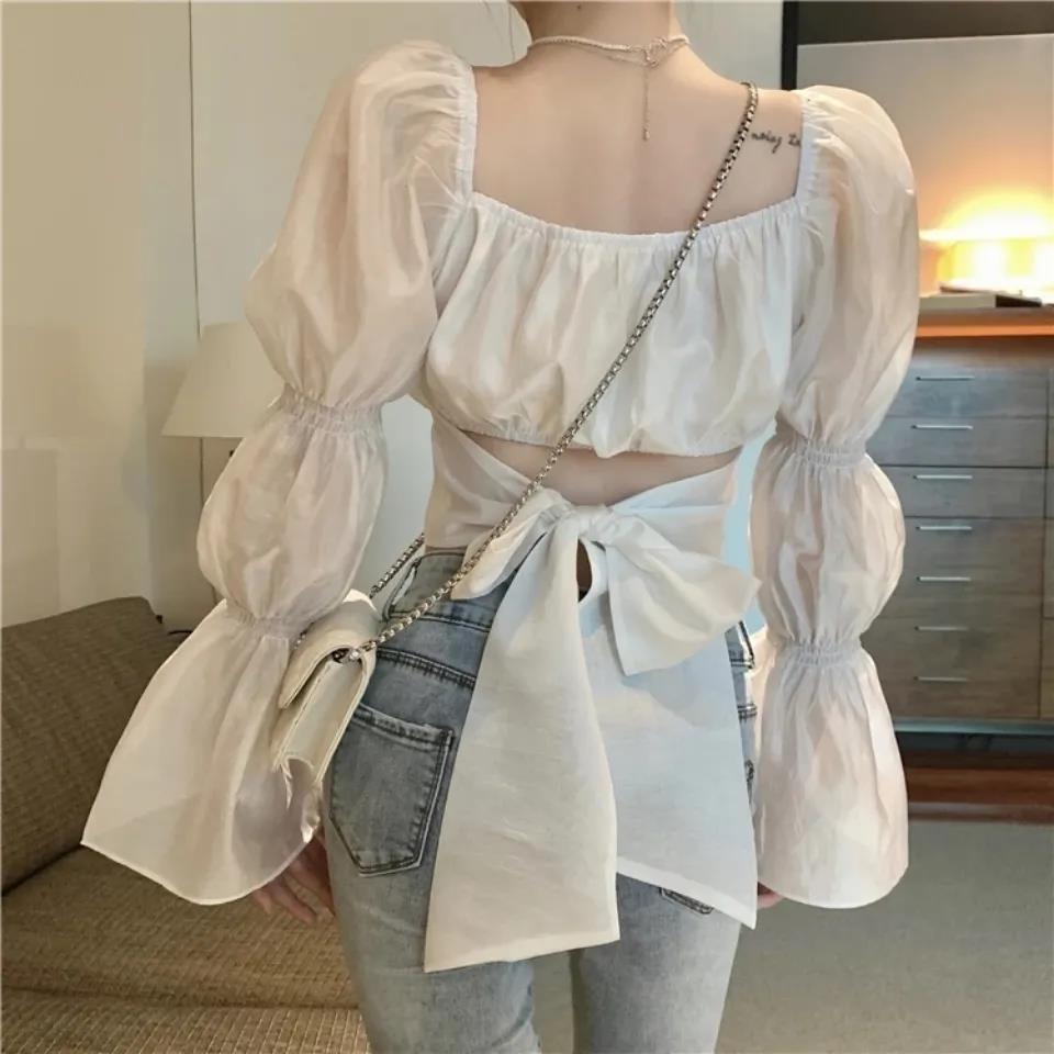 Sixsr Women Spring Fashion Back Puff Sleeve Shirts Women Autumn French Bow Bandage Blouses New Black Pink Square Neck Cropped Tops Female