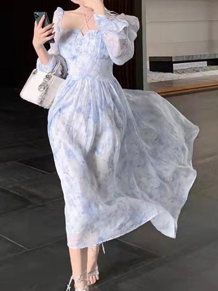 sixsr Women Summer Casual Elegant Midi Dress Ladies Vintage Long Sleeve Party Vestidos Female Holiday Clothes