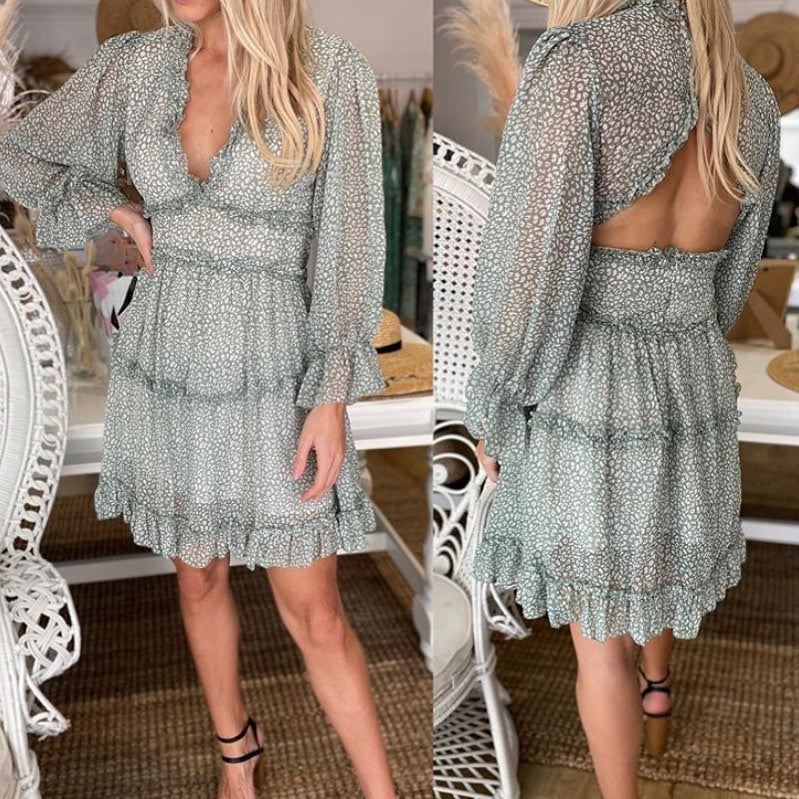 sixsr Harlow Floral Print Ruffle Dress women backless V-neck dress women mini summer dress ladies party dress