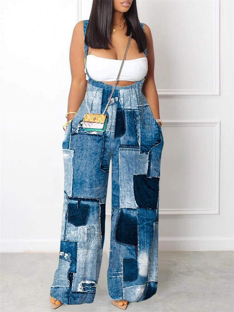 Sets Outifits New Geometric Print Wide Leg Suspender Jumpsuit Fashion Casual Pieces For Wome
