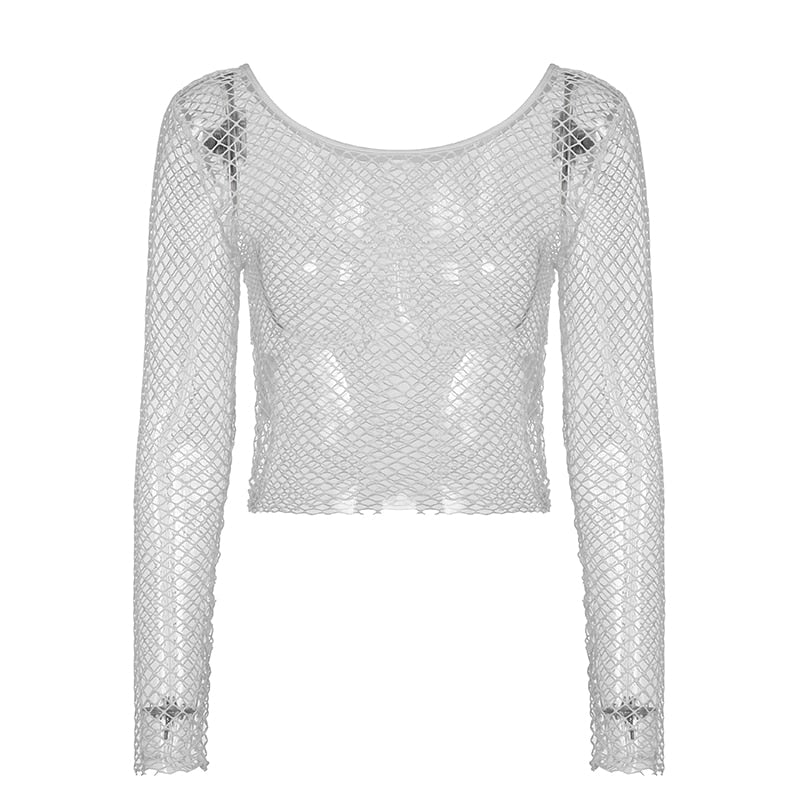 sixsr Hot Sell Hollow Out See Through Sexy Slash Neck Fishnet Mesh T-Shirts Women Cute Club Outfits Off Shoulder Long Sleeve Crop Tees