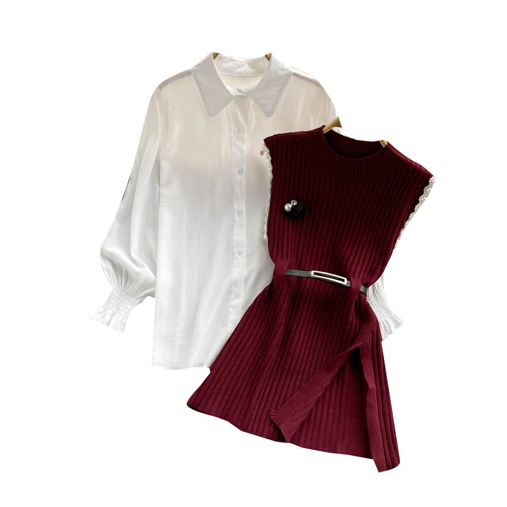 Sixsr Spring Outfits Women Sleeve White Shirt Fashion Two Piece Suit Red Cotton Sweater Vest Lady Casual Preppy Style White Belt