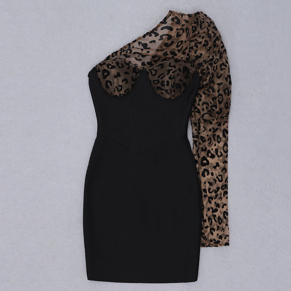 sixsr Sexy One-shoulder Leopard Print Women Dress Patchwork Mesh Backless Bandage Dress Women Summer Slim Party Clubwear