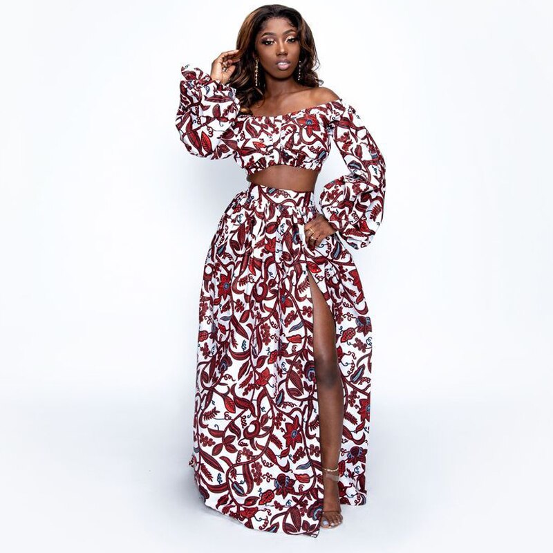 sixsr African Dresses for Women Autumn 2-piece Set Lady Full Sleeve Shoulder Off Festher Dashiki Print Split Skirts Africna Clothes
