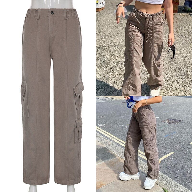 Sixsr Women Spring Fashion Multi Pockets White Cargo Pants Women Adjustable Low Waist Baggy Wide Leg Jeans Oversized Casual Trousers Retro Bottoms Iamhotty