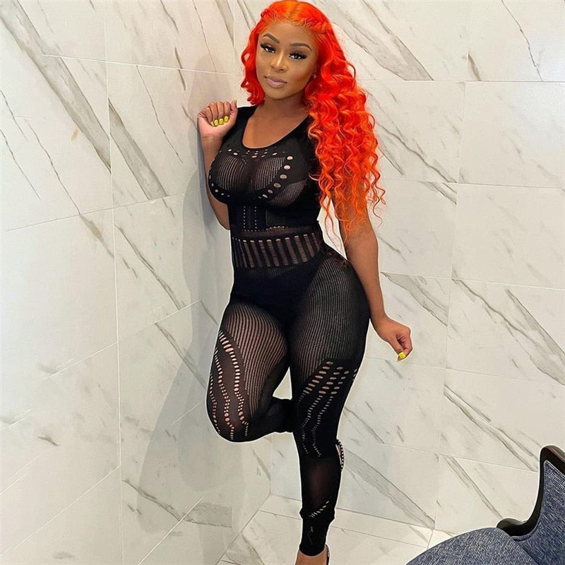 sixsr Hollow Out Knitted Mesh Jumpsuits Women Sexy See Through Long Sleeve Hipster Stretchy Skinny Overalls Clubwear Romper