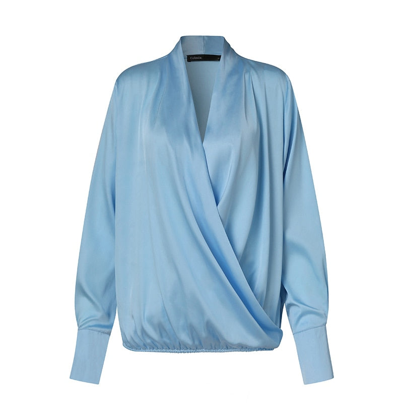 Women Satin Wrap Shirts Fashion Deep V Neck Blouses Casual Elegant Solid Long Sleeve Top Tunic Blusas Feminina