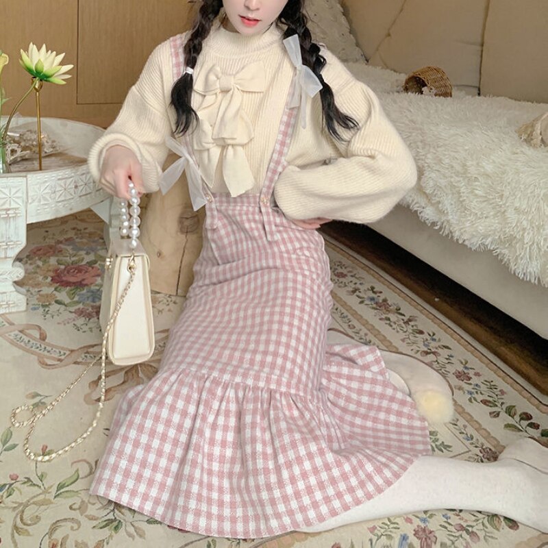 Sixsr Spring Japanese Kawaii Plaid Strap Skirts Women Sweet Bow Designer Party Midi Skirt Female Casual Korean Fashion Cute Skirt