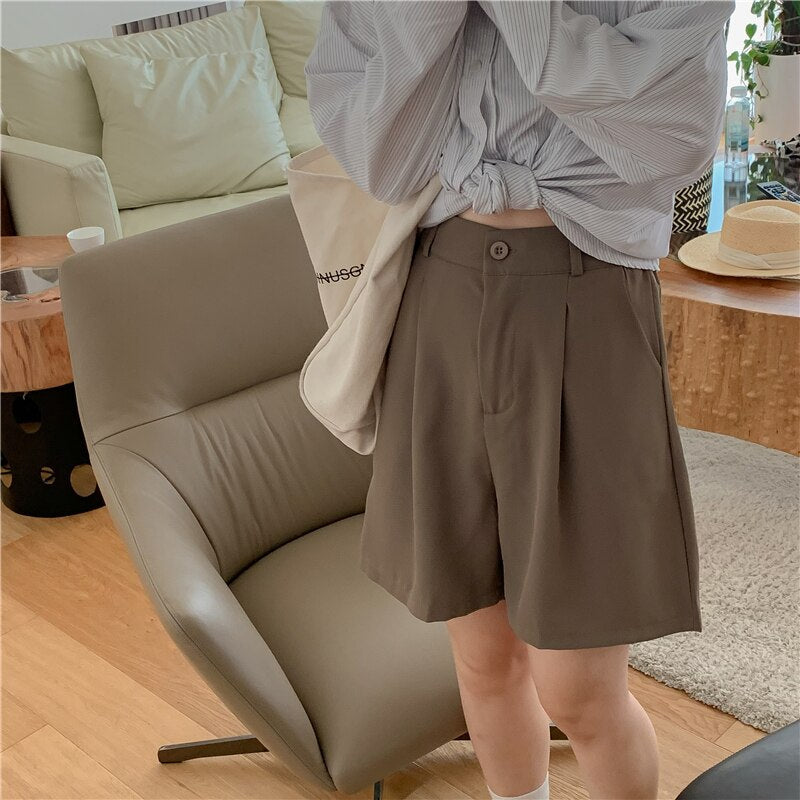 Syiwidii High Waisted Suits Shorts for Women New Solid Korean Fashion Wide Leg Shorts Office Ladies Casual Baggy Shorts