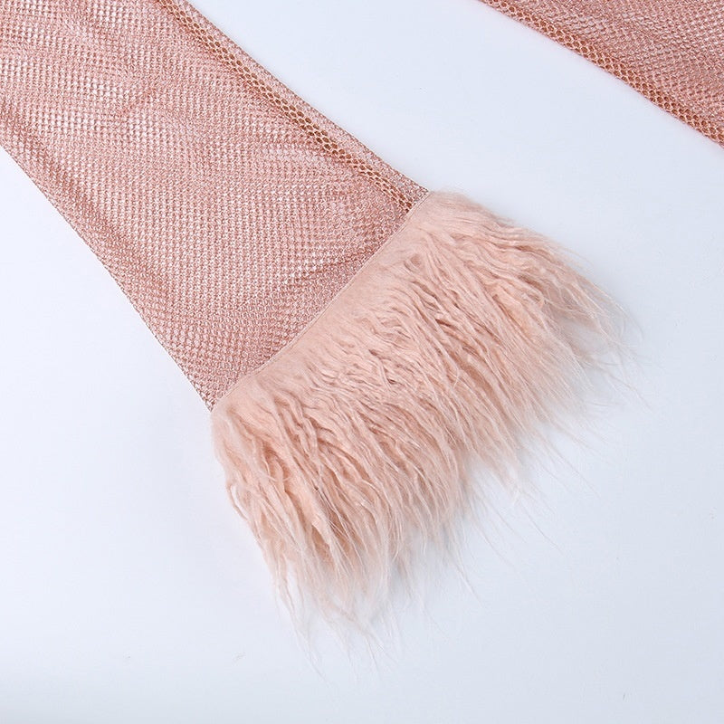 Round Collar See Through Dress Women Sexy Long Sleeve Elegant Female Clubwear Solid Mesh Tassel White Feather Mini Dress