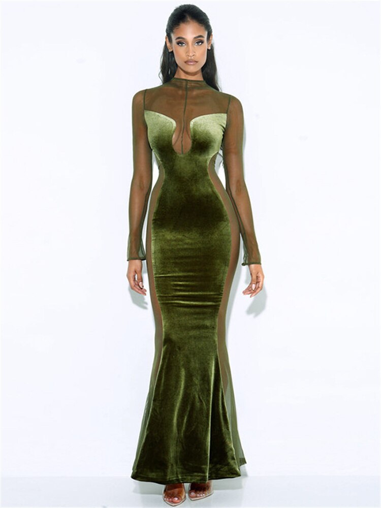 sixsr Womens Fall Fashion Mesh Patchwork O Neck Long Sleeve Maxi Dress Women Autumn Winter Elegant Sexy See Through Party Dresses Club Outfits