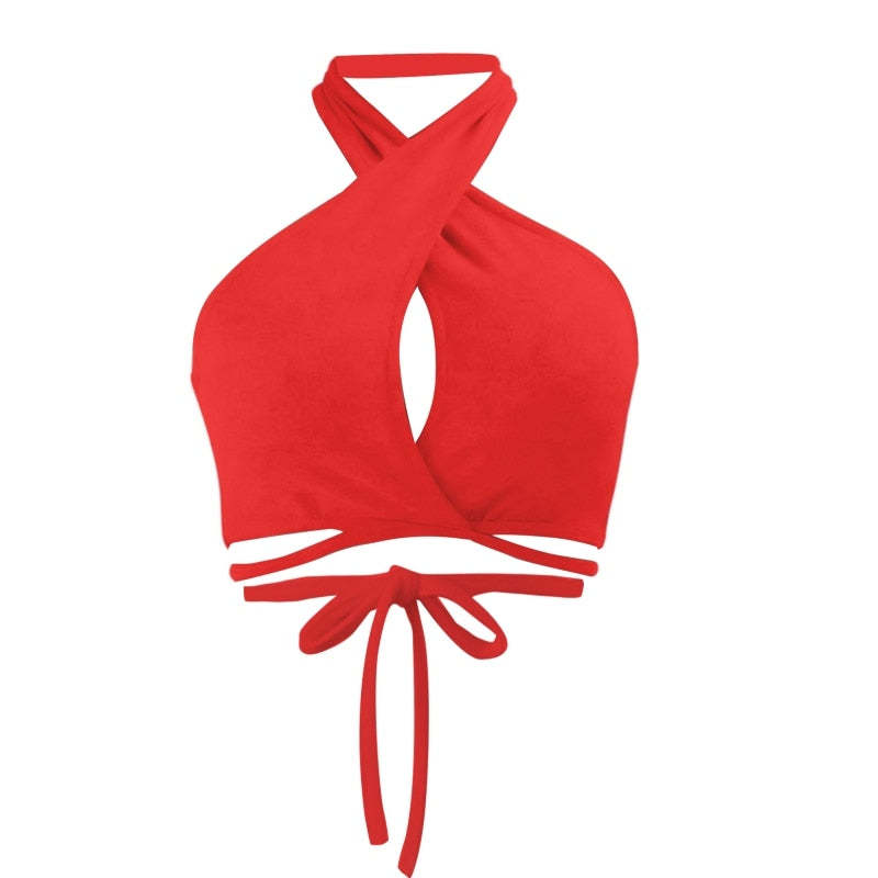 Women Summer Tank Tops Sexy Solid Color Cross Halter Neck Hollow Out Camisole Tie Backless Bandage Cropped Bustier Vest