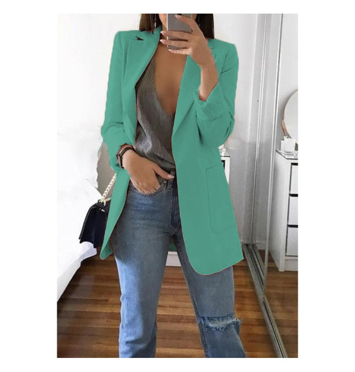 Fashion Korean Casual Women's Blazer Spring Autumn Long Blazer Women Suit Outwear Slim Coats Office Ladies Blazer Work Jacket