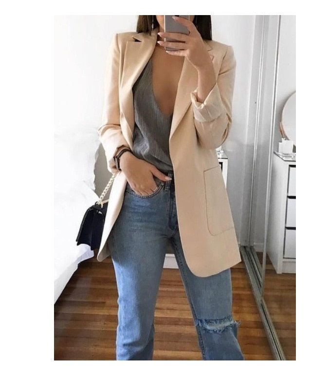 Fashion Korean Casual Women's Blazer Spring Autumn Long Blazer Women Suit Outwear Slim Coats Office Ladies Blazer Work Jacket