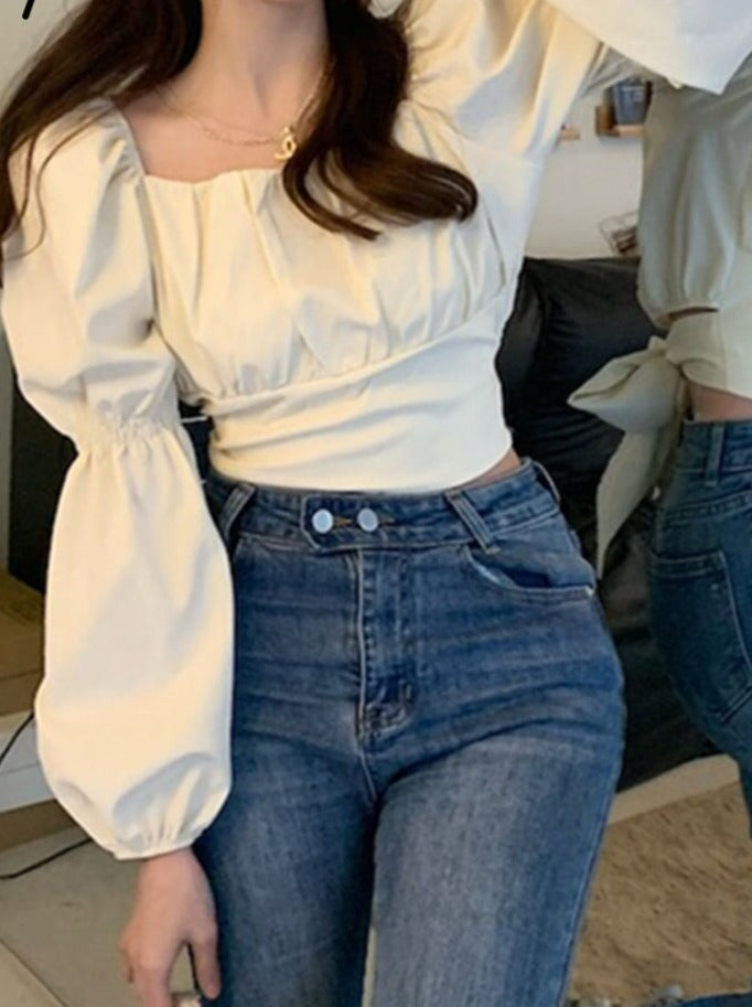Elegant Blouse Women Spring Summer New French Style Square Collar Puff Sleeve Chic Shirts Ladies Casual Crop Top
