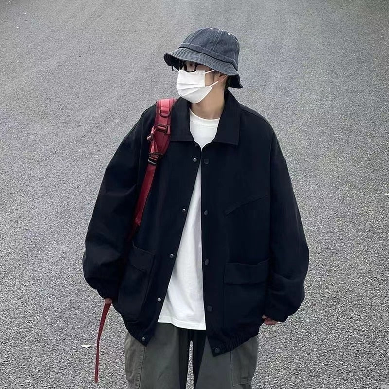 2024 Men's Japanese Vintage Lapel Collar Cargo Jackets Work Clothes Harajuku Loose Casual Coats Solid Color Outerwear M-2XL