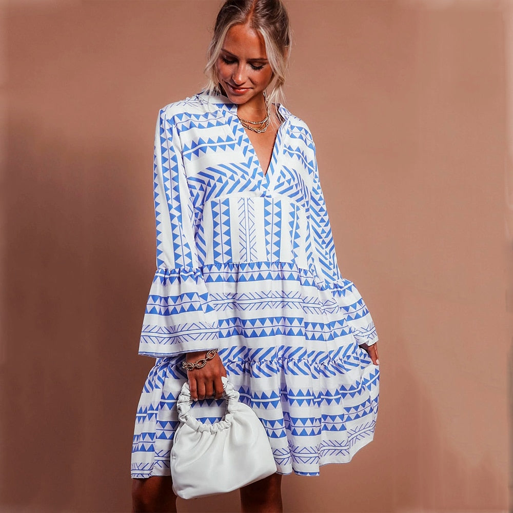 V neck Swing Women Daily Cotton Bell Sleeve Printed Tribal Summer Dress