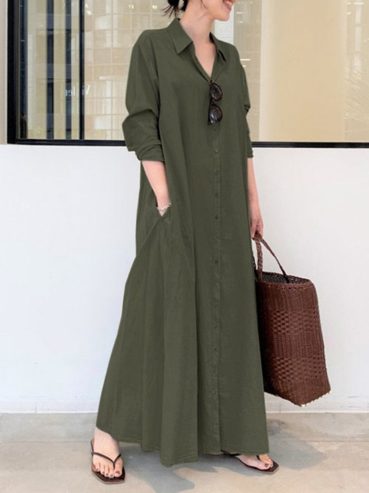 Summer New Dress Fashion Cotton Linen Striped Cardigan Loose Large Casual Temperament Commuter Irregular Women's Long Dress tops