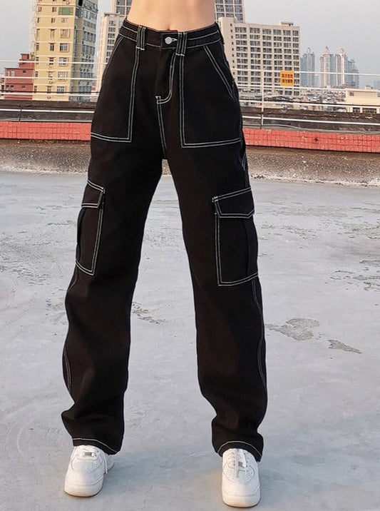 Sixsr  Womens Fashion Trends Pockets Patchwork Baggy Jeans Fashion Streetwear 100% Cotton Women Denim Trouser Loose Cargo Pants Korean Jeans Harajuku