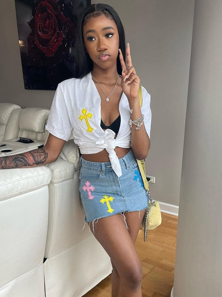 sixsr  Womens Fashion Denim Skirt Pattern Emboridery Tassel Pocket Zipper Straight Hot Women Bottoms Holiday Vocation Casual Wear Y2k Clothes