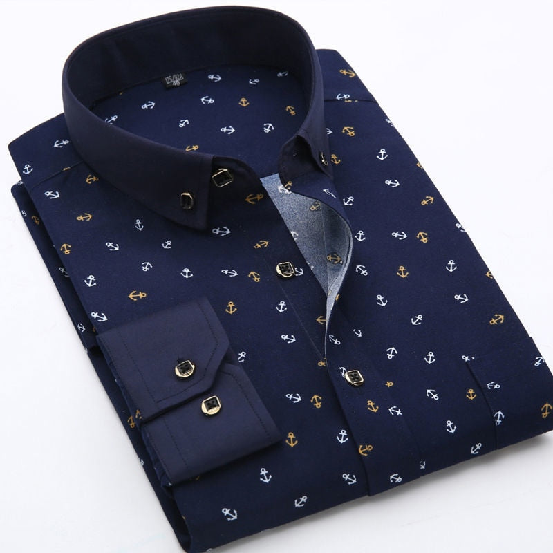 Sixsr New Men Fashion Casual Long Sleeved Printed Shirt Brand Men Clothing Slim Fit Male Social Business Dress Shirt  Soft Comfortable