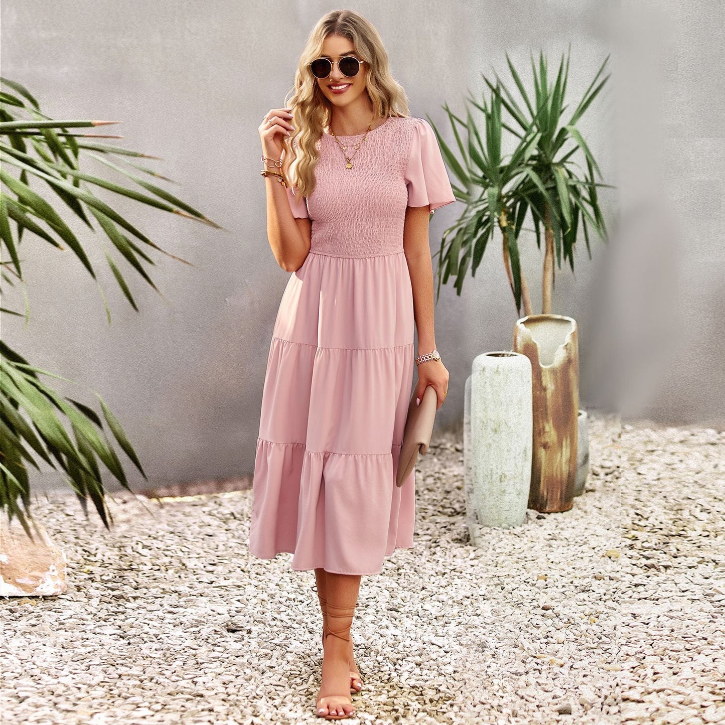 Spring Casual O Neck Lantern Sleeve Dress Women Loose Elegant Solid A-line Dress Lady Simple High Waist Klein Blue Dress